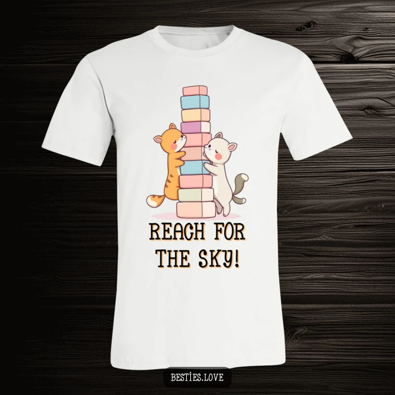 Funny bestie t-shirt, two animal pals collaborating to build a ridiculously tall tower of blocks, teamwork and friendship.