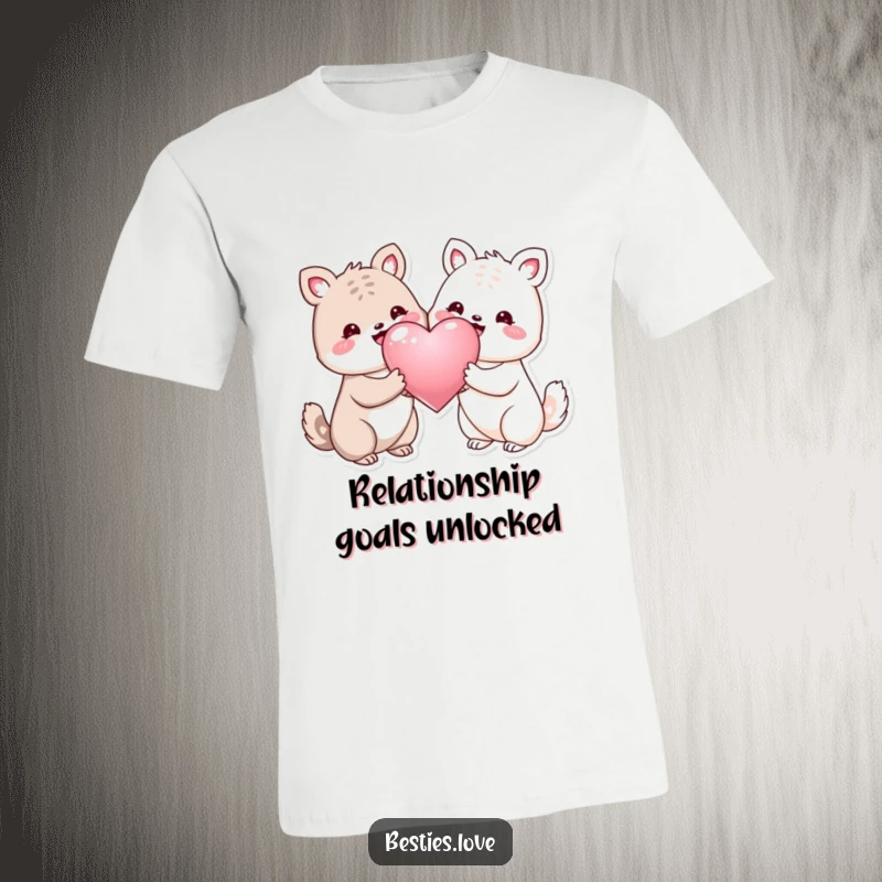 Funny t-shirt with two smiling animals sharing a big shiny heart, representing a strong and joyful friendship or love.