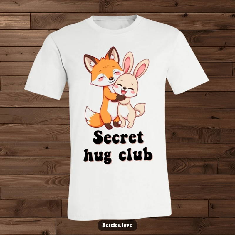 Funny Fox and Bunny T-Shirt: A playful fox and a giggling bunny share an adorable secret hug, representing true friendship.