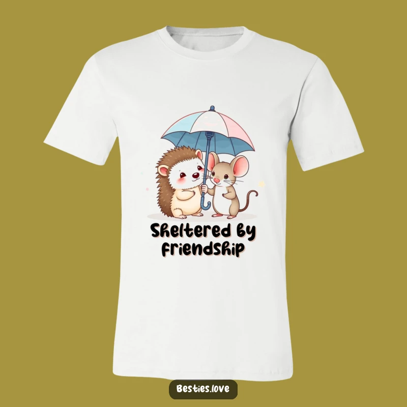 Funny Hedgehog & Mouse T-Shirt: Brave Friends Share Tiny Umbrella