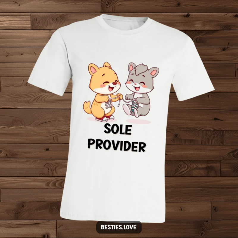 Funny t-shirt featuring a happy animal with a big grin helping another tie its shoelaces, promoting friendship and helpful acts.