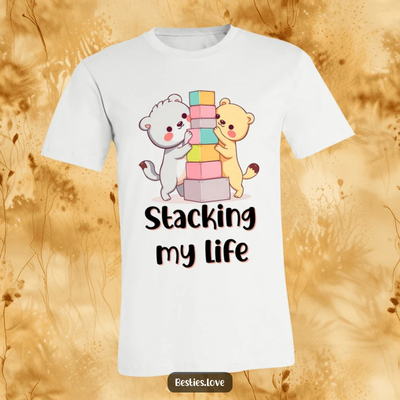 Funny Bestie Animals T-Shirt: Two best friends humorously stacking colorful blocks into a shaky tower, embodying playful ambition.