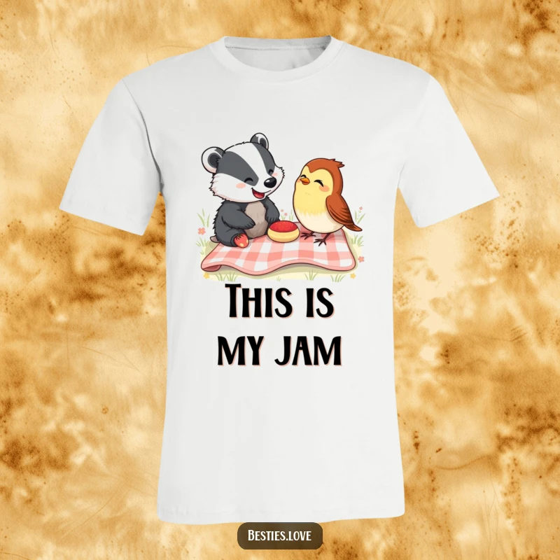 Funny T-Shirt: A joyful badger and a chirpy robin enjoying a picnic, caught mid-laugh, symbolizing pure, unadulterated fun.