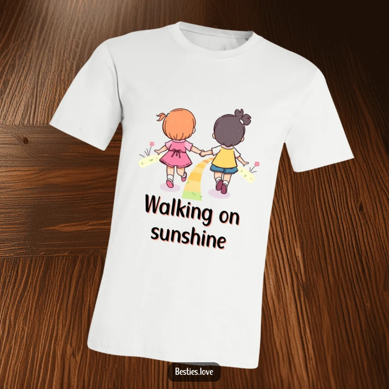 Funny Rainbow Friends Skipping T-Shirt with two friends hand-in-hand, happily skipping down a bright, colorful rainbow.