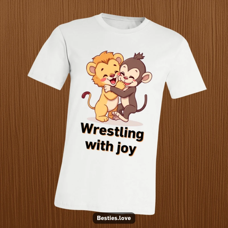 Funny T-Shirt: A lion cub and a playful monkey wrestling joyfully in a lively and humorous depiction of animal friendship.