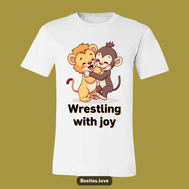 Funny Wild Pals T-Shirt: Lion Cub & Monkey Wrestle Fun, Ideal Funny Gift
