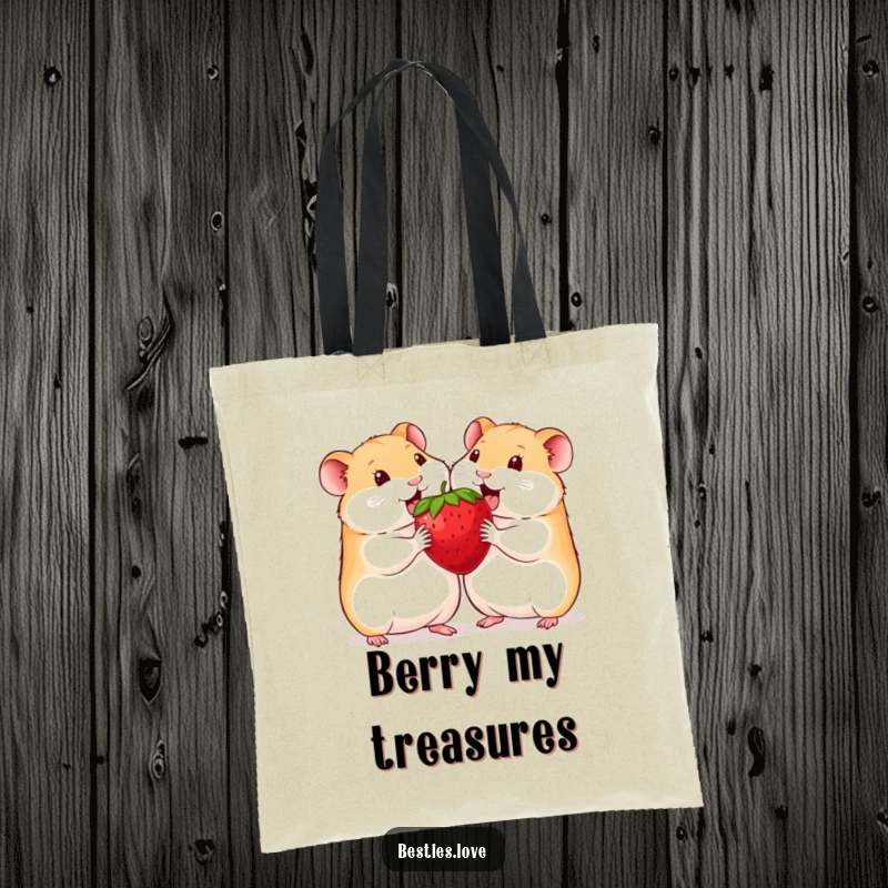 Funny hamster tote bag featuring two delighted hamsters sharing a single, comically large strawberry, ready for errands.