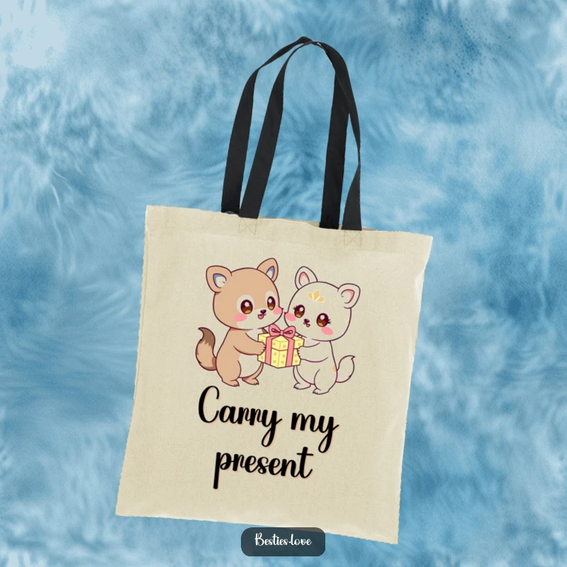 Funny kawaii animals exchanging a birthday gift, a practical and humorous tote bag, great gift.