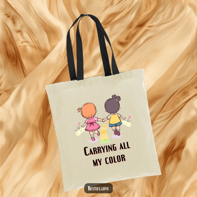 Funny Rainbow Friends Skipping Tote Bag showing two pals joyfully skipping hand-in-hand on a vivid rainbow.