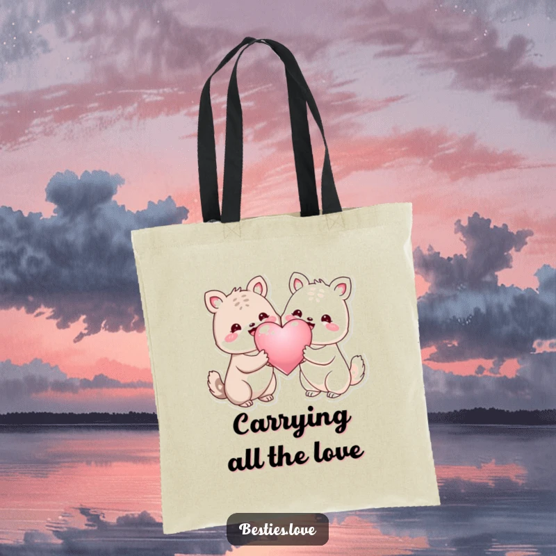 Funny tote bag with two smiling animals sharing a big shiny heart, great for shopping and carrying daily items.