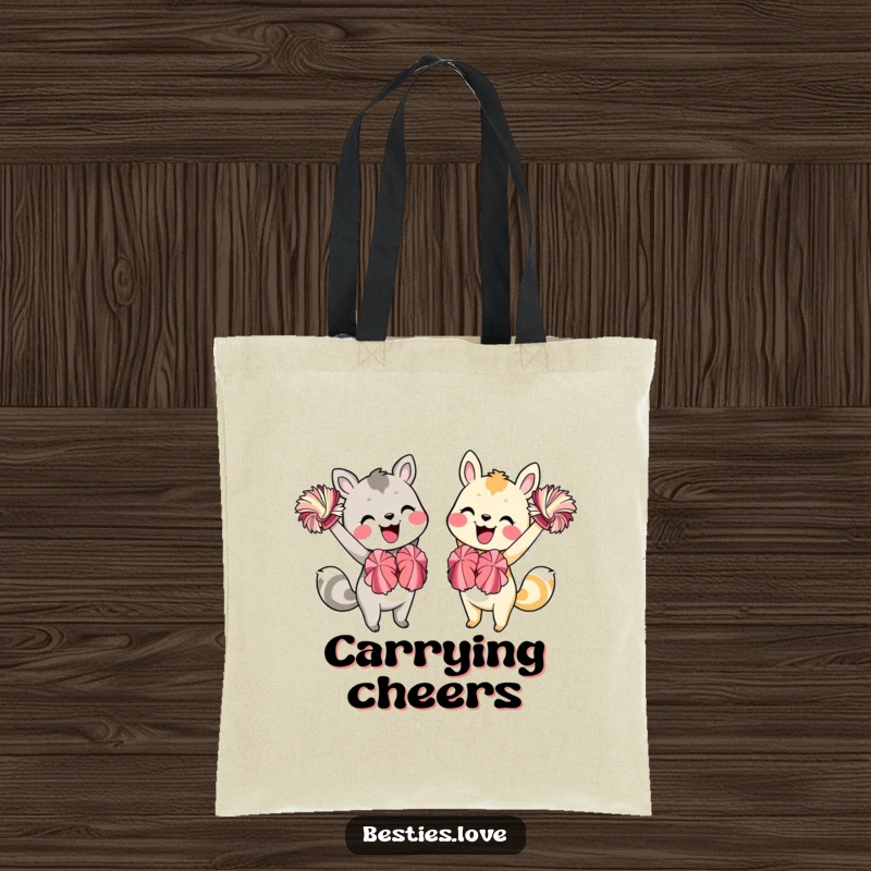 Funny Animal Friends Tote Bag: Two animal companions energetically cheering with pom-poms and beaming smiles, a functional accessory of joy.