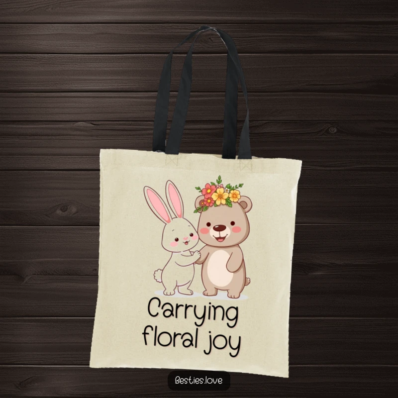 Funny tote bag illustrating a bunny gifting a flower crown to a bear, perfect for carrying essentials with a touch of cute whimsy.
