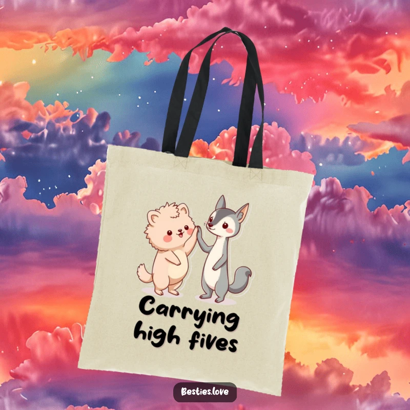 Funny friends tote bag, two cute kawaii animal characters, one fluffy, one sleek, giving an enthusiastic high-five.
