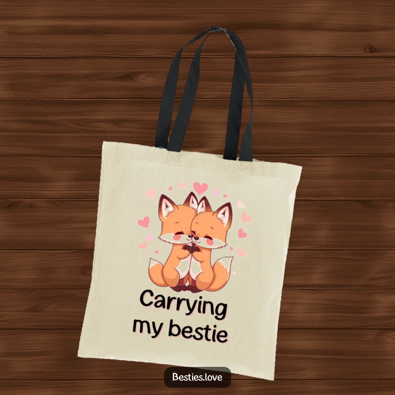 Funny tote bag depicting two darling fox friends hugging tightly, surrounded by glittering hearts, ideal for carrying daily necessities with cute style.