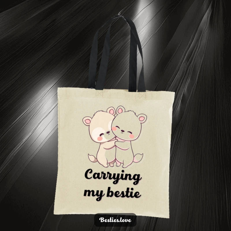 Funny animal hug tote bag depicting two cute animals with large heads and short limbs sharing a warm, affectionate embrace.