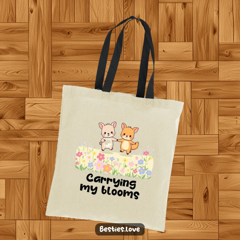 Funny animal friends tote bag showing two happy creatures holding hands and skipping through a beautiful flower field.