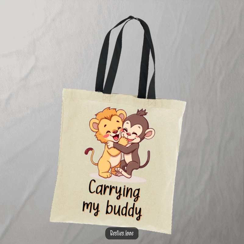 Funny Tote Bag: A lion cub and a playful monkey wrestling joyfully, a humorous and practical accessory for carrying your essentials.