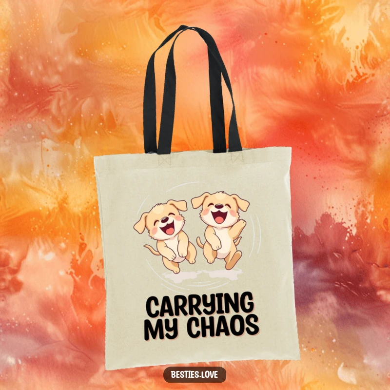 Funny tote bag showing two laughing puppies chasing their tails in a dizzying circle, perfect for carrying items with puppy charm.
