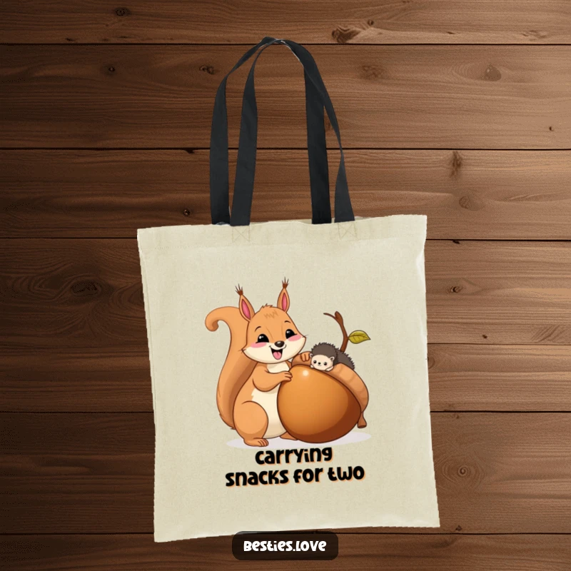 Funny tote bag with a happy squirrel giving a large acorn to a tiny hedgehog, emphasizing sharing and friendship.