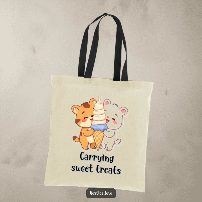 Funny animals sharing a giant ice cream cone, a cheerful and practical tote bag for treats and essentials.