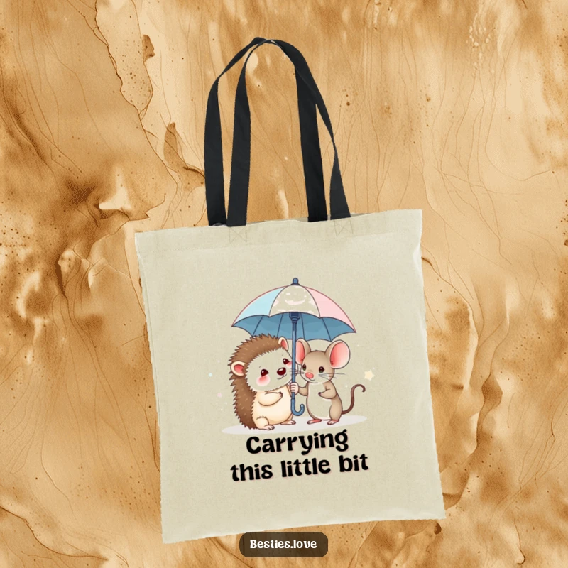 Funny tote bag with a timid hedgehog and a brave mouse sharing a miniature umbrella, ready for any weather together with a smile.