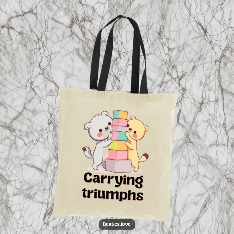 Funny Bestie Animals Tote Bag: Two animal companions humorously attempting to stack colorful blocks into a wobbly tower, a fun accessory.