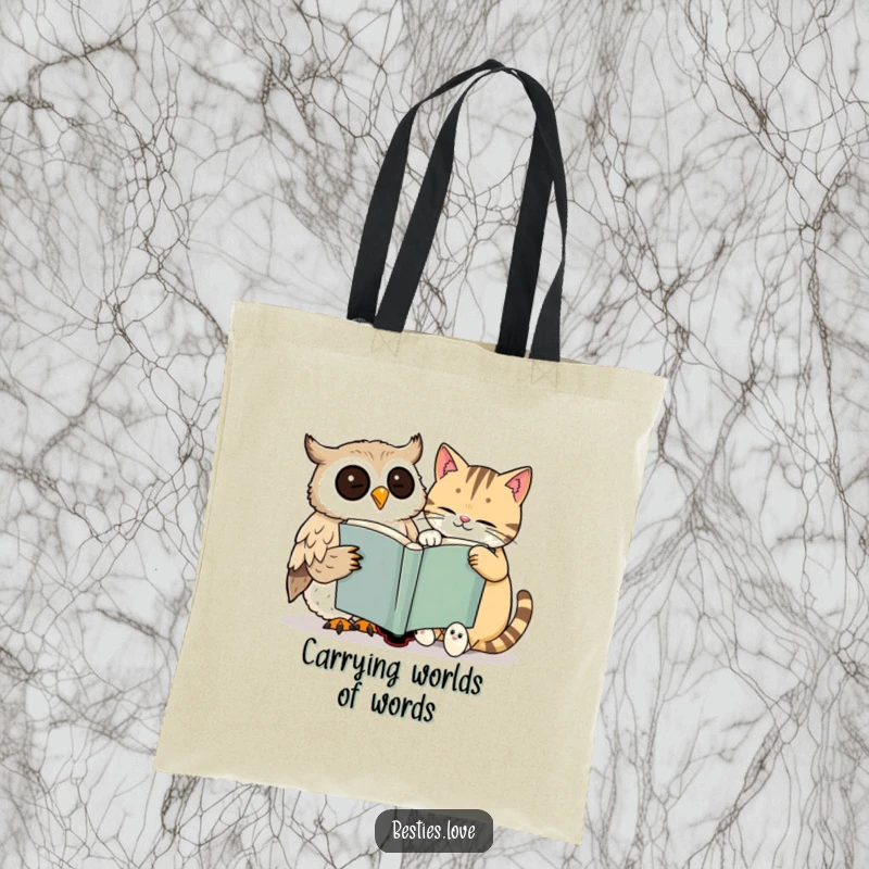 Funny tote bag showcasing a happy owl and a dozing cat sharing a large book, great for carrying books and essentials with humor.