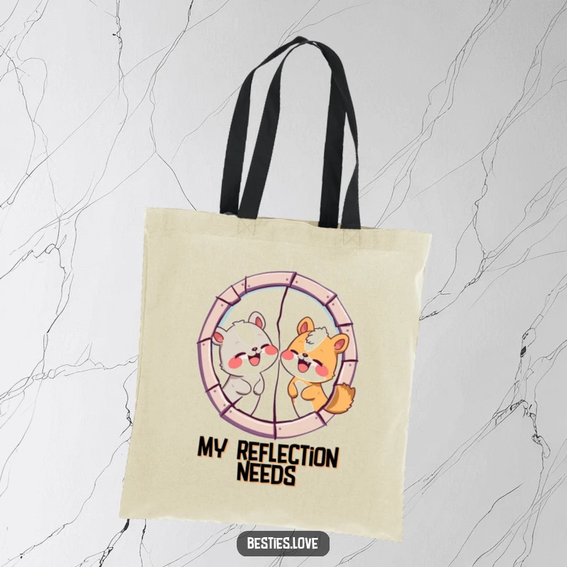 Funny Animal Friends Tote Bag: Two animal companions humorously displaying silly faces in a cracked mirror, a fun accessory.