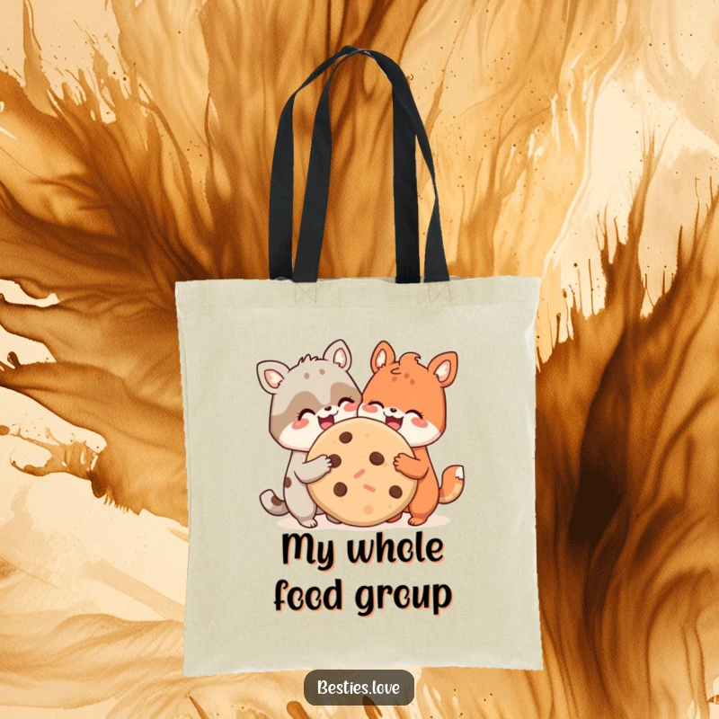 Funny tote bag illustrating two inseparable animal friends joyfully sharing a huge cookie, perfect for carrying groceries or everyday items.