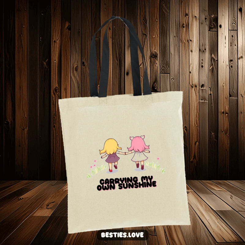 Funny tote bag featuring two best friends holding hands, skipping with glee down a vivid rainbow path, symbolizing shared happiness.