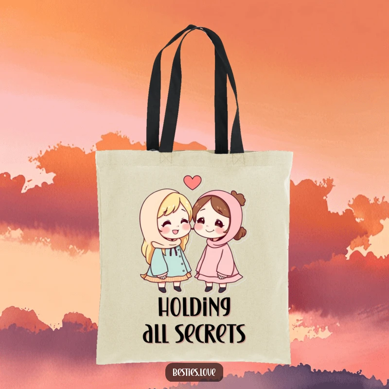 Funny tote bag featuring two smiling best friends intently sharing a whispered secret message, perfect for carrying everyday items.