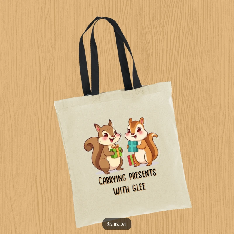 Funny tote bag depicting an excited squirrel and chipmunk best friends swapping presents, ideal for daily errands and humor.
