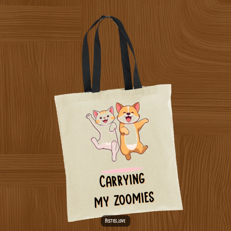 Funny tote bag depicting a cat and dog jumping energetically, kicking legs with excitement, perfect for carrying items with pet flair.