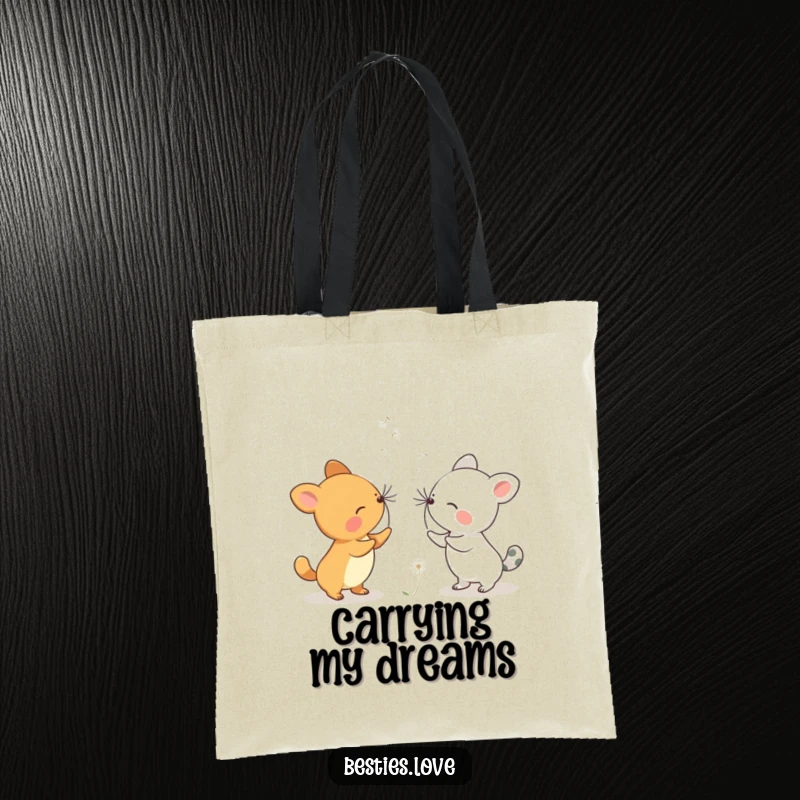 Funny Dandelion Wishes Animals Tote Bag showing two animals gently blowing dandelion seeds, creating a trail of wishes.