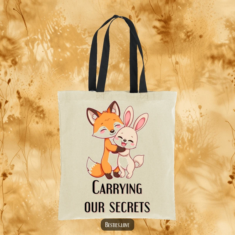 Funny Fox and Bunny Tote Bag: A playful fox and giggling bunny share a secret hug, perfect for carrying your friendship.