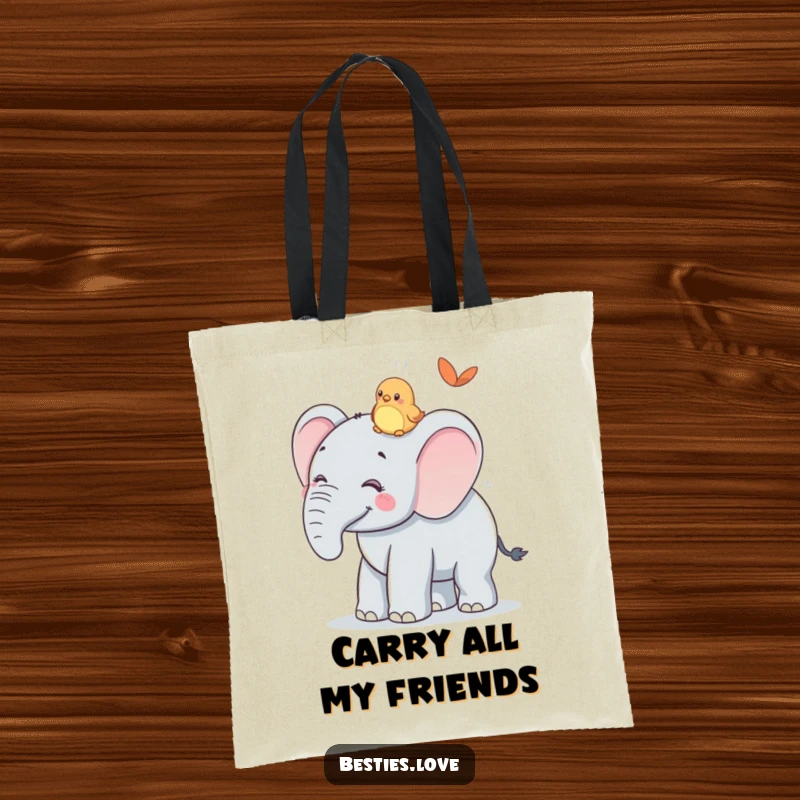 Funny Tote Bag: A smiling elephant offers a ride to a tiny bird on its back, a humorous and functional bag for daily use.
