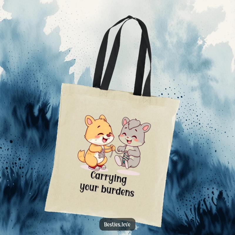Funny tote bag showcasing a happy animal assisting another with shoelaces, perfect for carrying essentials while spreading a message of kindness.
