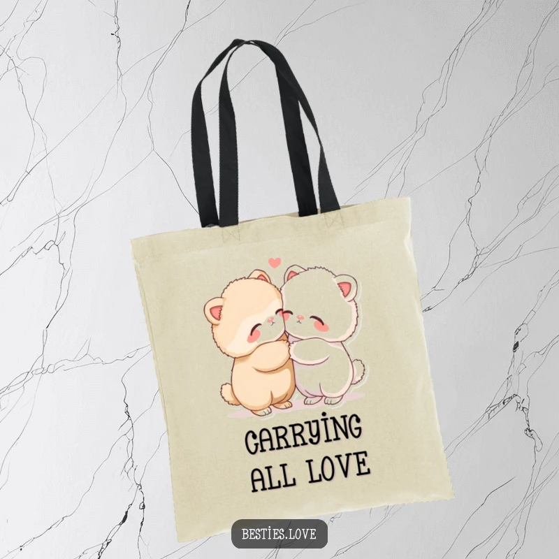 Funny tote bag with two fluffy animals locked in a tender hug, conveying love and warmth, perfect for carrying everyday items.
