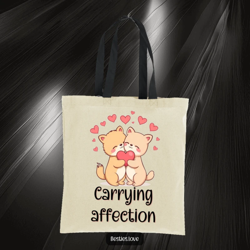 Funny Tote Bag: Two animals in a blissful hug, with hearts floating around them, perfect for carrying daily essentials.