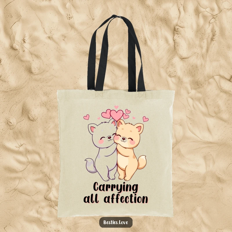 Funny kawaii animals hugging with hearts floating, a cute and charming design on a durable tote bag.