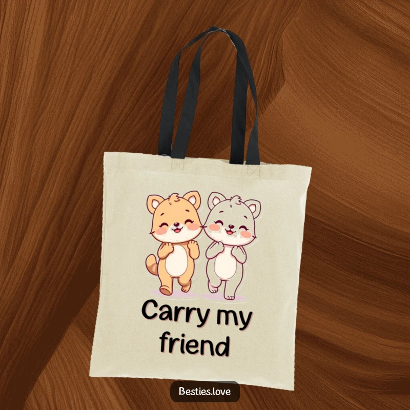 Funny kawaii animals holding paws and walking side-by-side, a practical and joyful tote bag for everyday use, great gift.