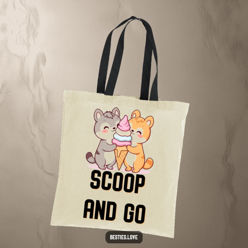 Funny kawaii animals sharing a giant ice cream cone, a stylish and humorous tote bag for everyday use, great gift.