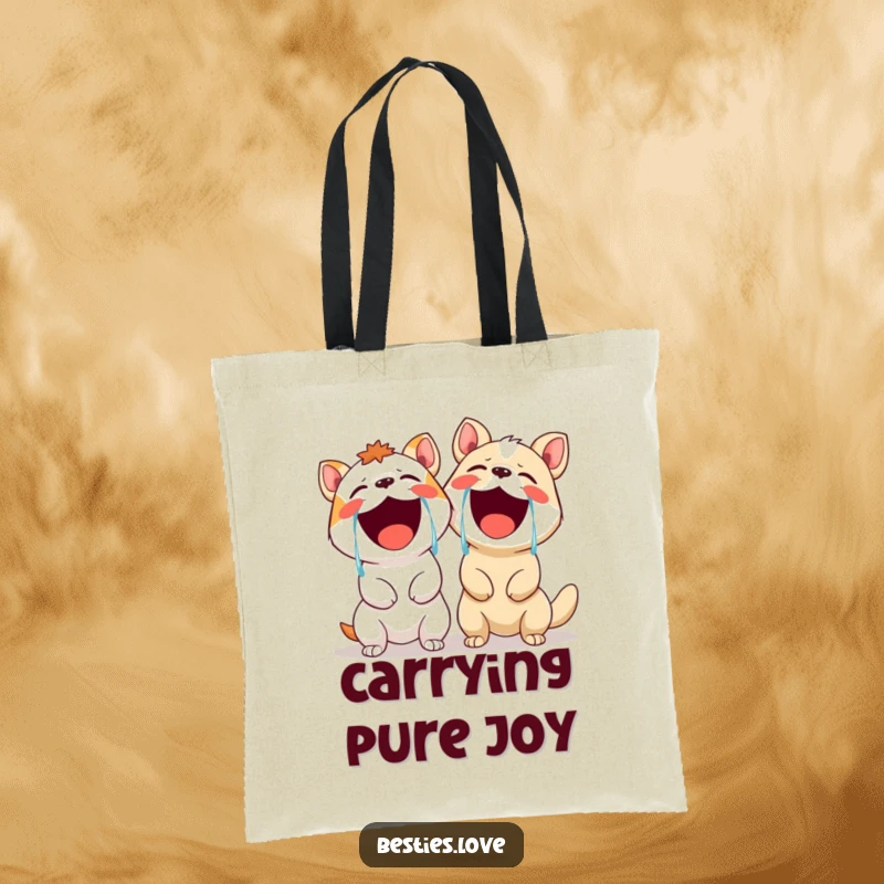 Funny tote bag showcasing two animals in hysterics, tears of laughter flowing freely, perfect for carrying essentials with a smile.