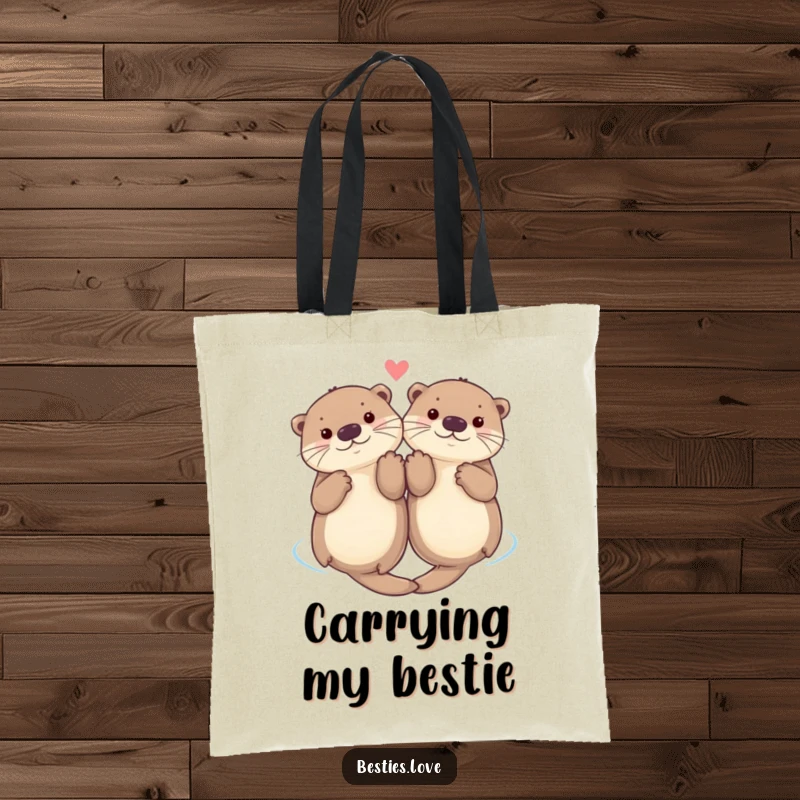 Funny tote bag with two cute otters floating on their backs, holding paws, perfect for carrying belongings with adorable, playful energy.