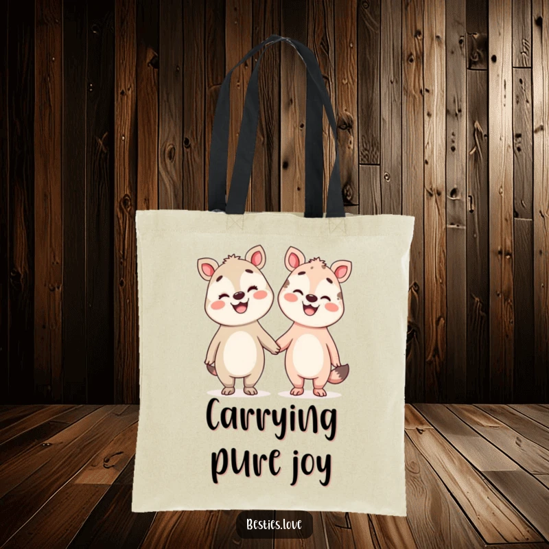 Funny Pals Tote Bag showing two silly animals holding hands, their faces beaming with broad smiles, stylish and useful.