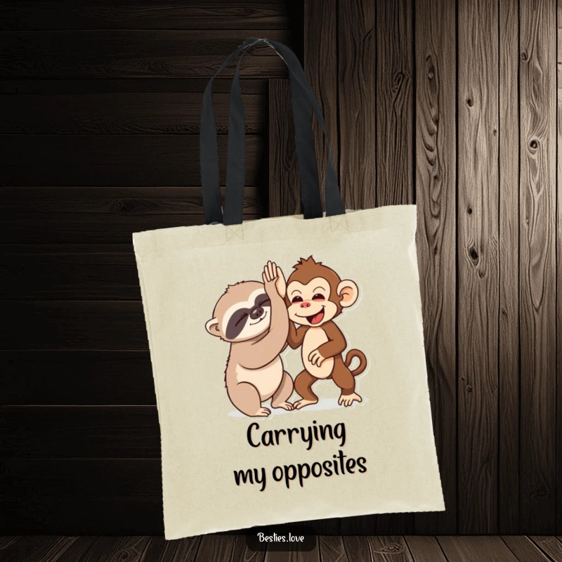 Funny tote bag with a sleepy sloth and an energetic monkey high-fiving, perfect for carrying essentials with humor.