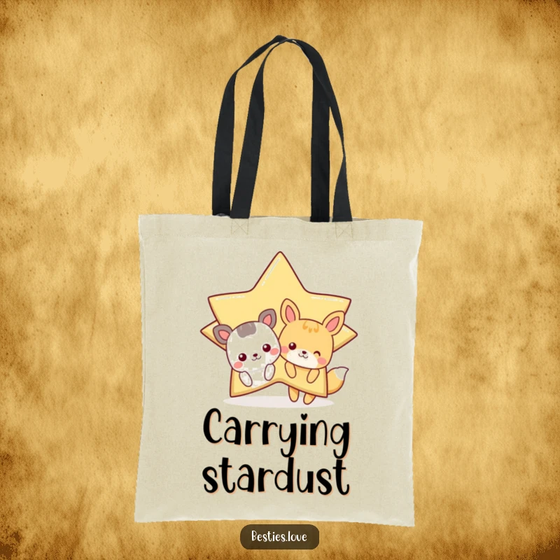Funny Star Animals Tote Bag depicting cartoon animals peeking from behind a large, winking star, practical and full of fun.