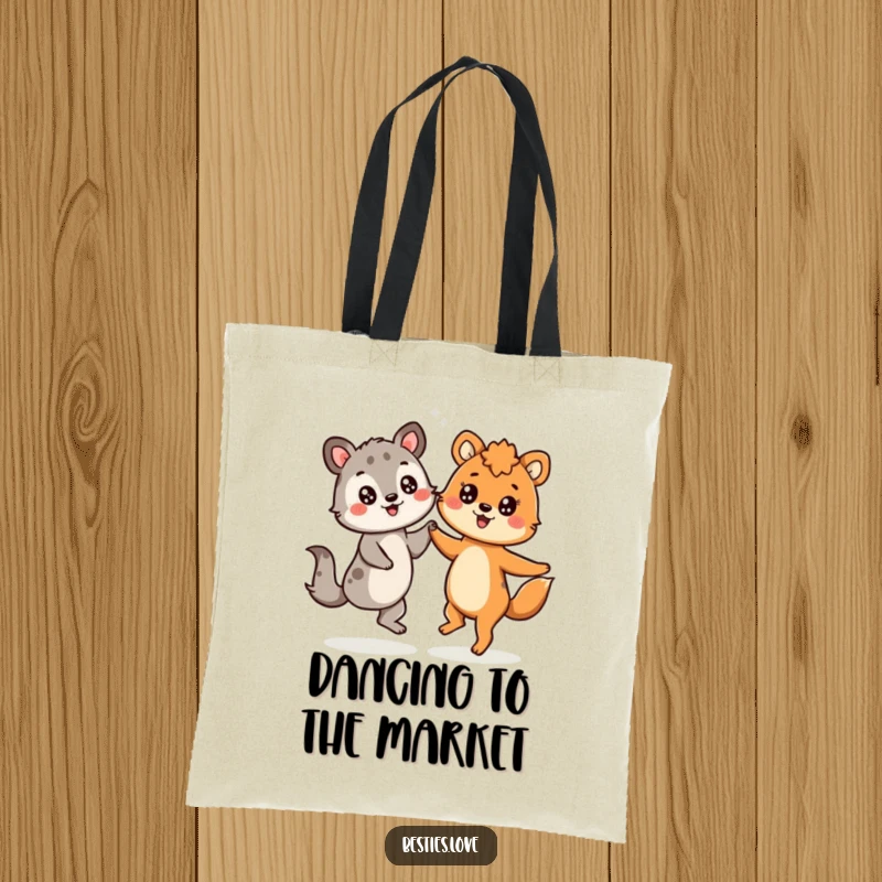 Funny tote bag showcasing two animals dancing joyfully with starry-eyed looks, perfect for carrying essentials with cheer.