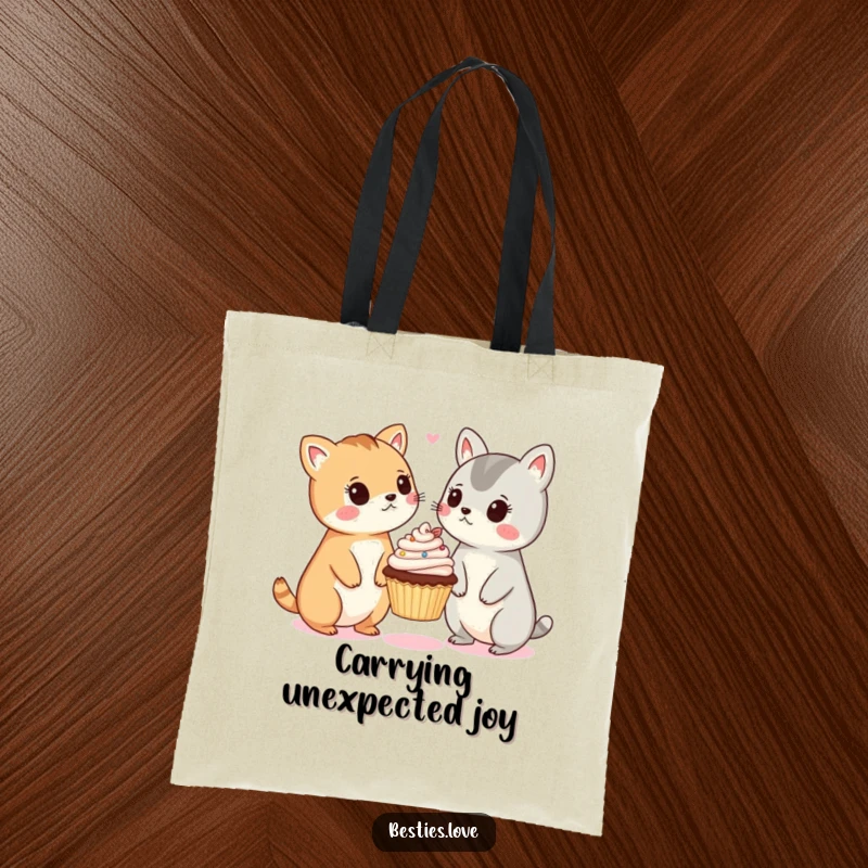 Funny tote bag with two adorable animals looking hilariously surprised at a tiny floating cupcake, perfect for shopping trips.