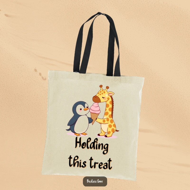 Funny Tote Bag: A giraffe and a penguin sharing a single, oversized ice cream cone, a humorous and practical accessory.